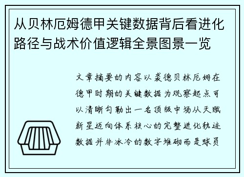 从贝林厄姆德甲关键数据背后看进化路径与战术价值逻辑全景图景一览 从贝林厄姆德甲关键数据背后看进化路径与战术价值逻辑全景图景一览